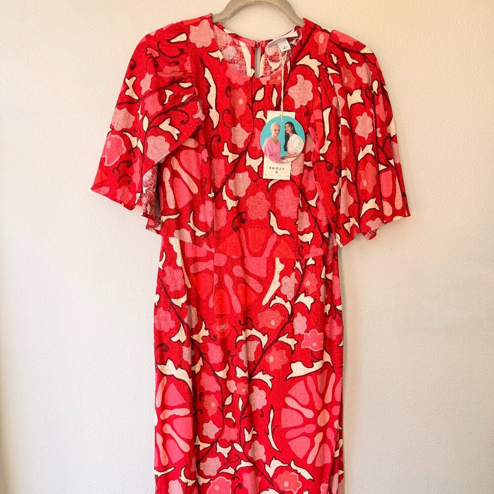 NWT RHODE X Target Women's Zinnia Red Floral Print Bell Sleeve Midi Dress Size 8